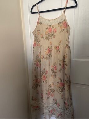 Band of Gypsies Cream Floral Midi Dress with Pink Roses
